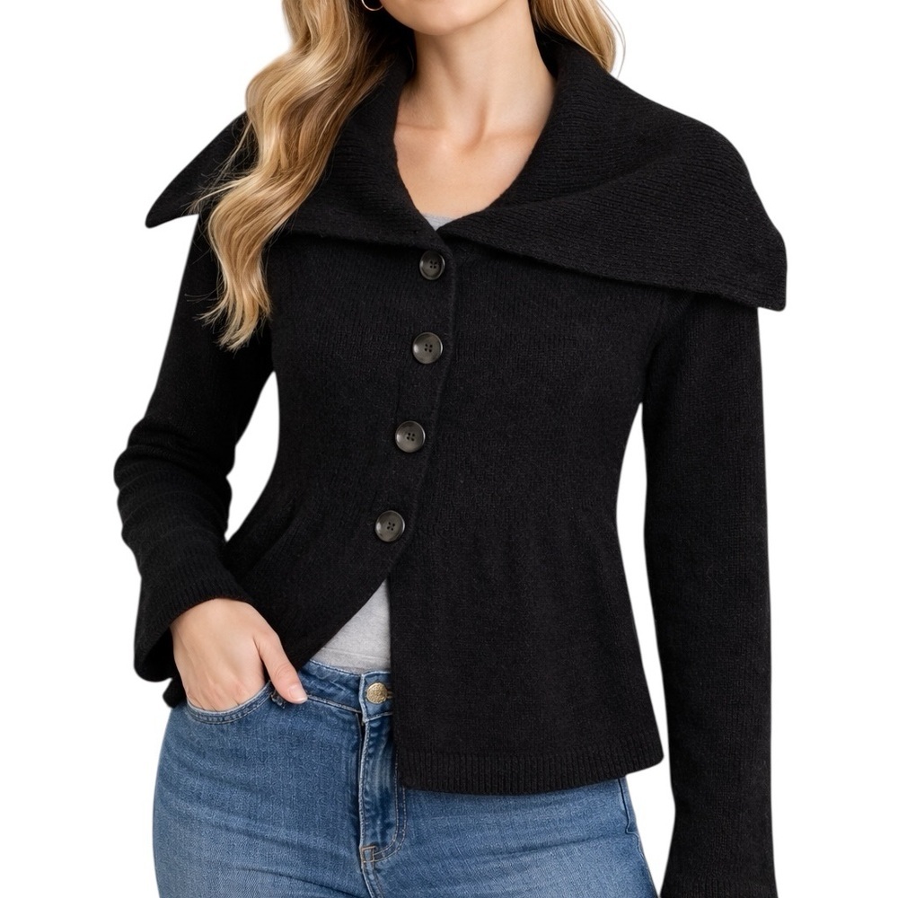 Black Merino Wool Sweater Coat Shawl Collar Button Front
